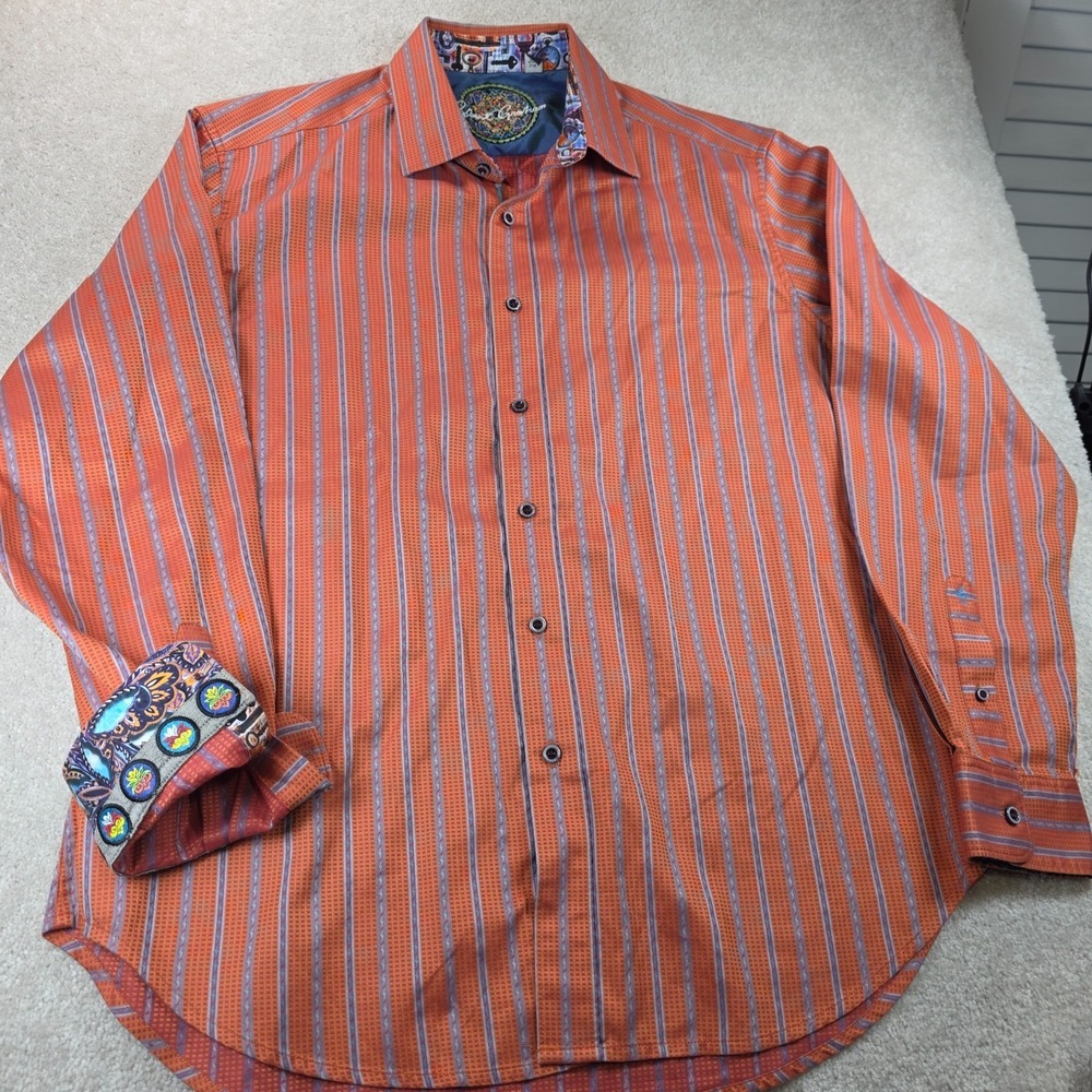 Robert Graham Shirt Mens L Orange Striped Cotton Embroidered Flip Cuff Button-Up